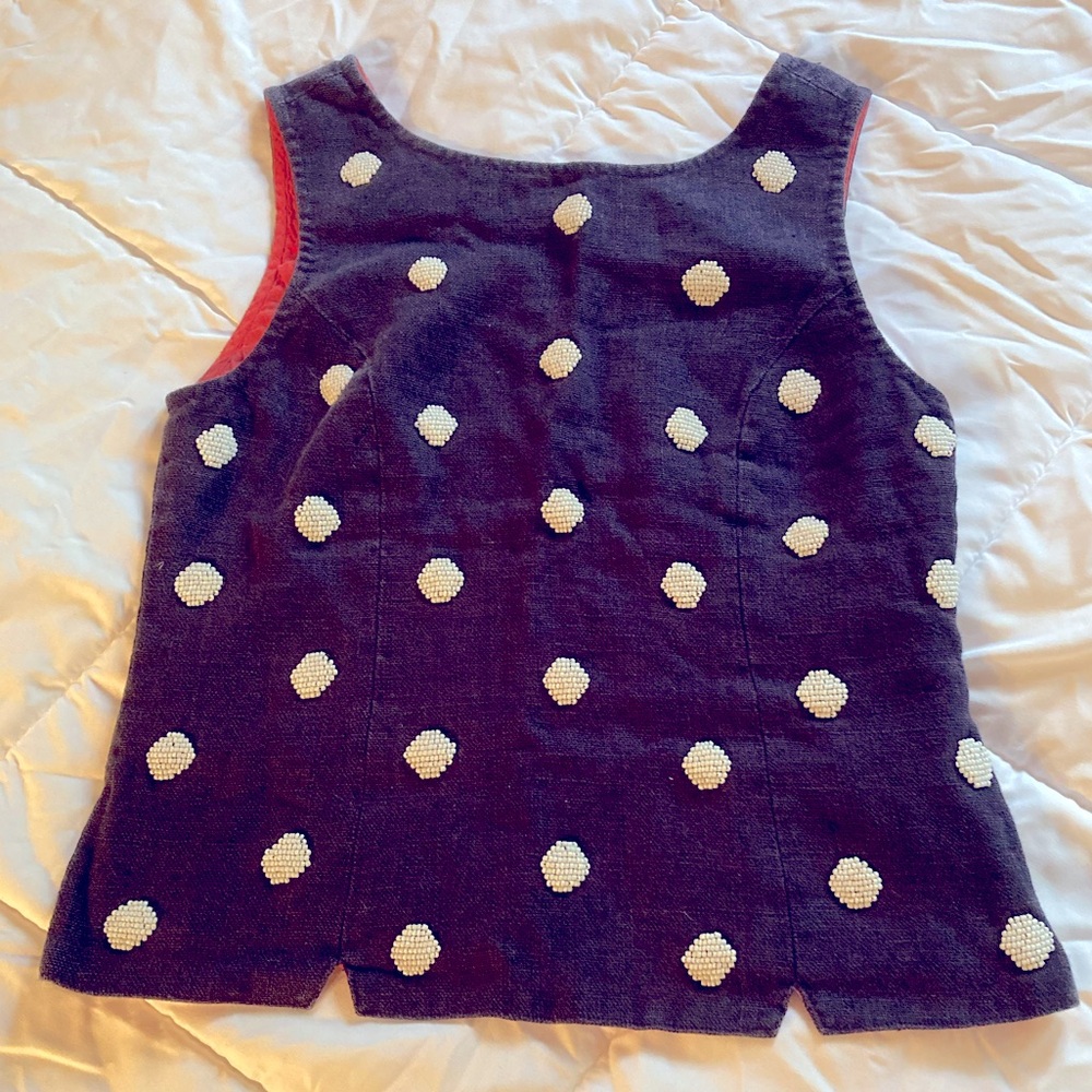 Anthro Odille‎ Navy Linen Tank Top Beaded Polka Dot Blouse Size 2